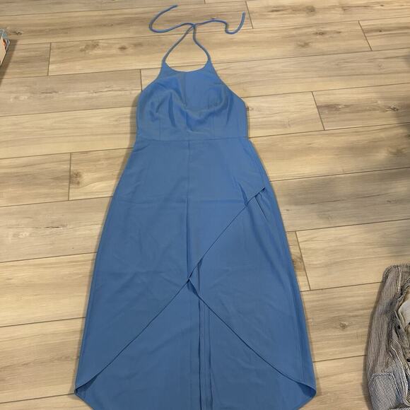 Alice + Olivia Blue Halter Midi Dress Size 8 Asymmetrical Skirt Party Cocktail - Picture 1 of 5